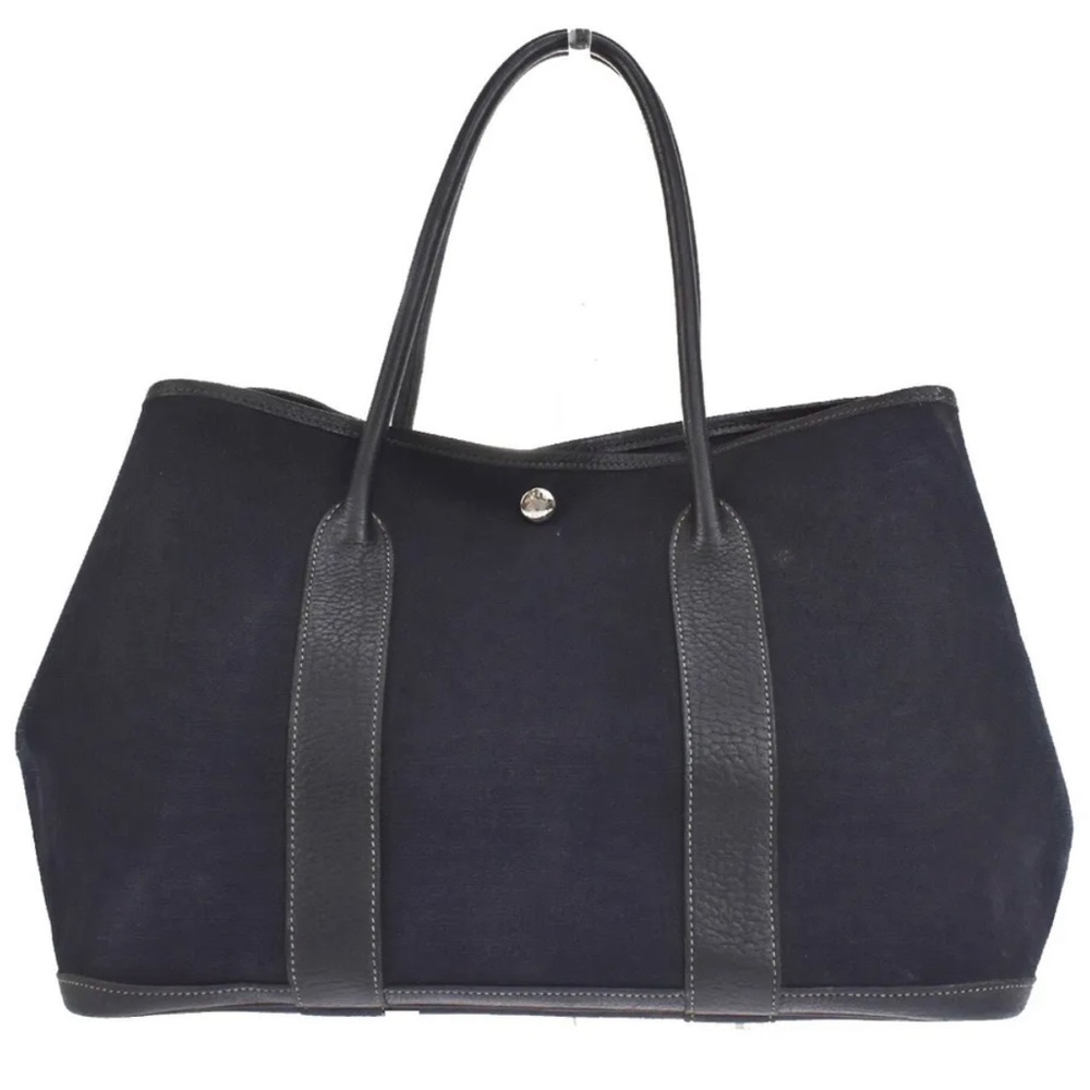HERMES Logo Garden Party PM Shoulder Tote Bag Canvas Leather Black